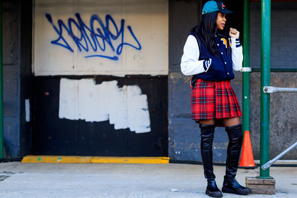 american, black cap, black shoes, checked, graphic jacket, graphic skirt, high boots, leather shoes, plaid, pleated skirt, printed jacket, printed skirt, red skirt, tartan, teddy jacket, street style, jonathan paciullo, FW, frenchystyle, fashion week, NYFW, NEW YORK, AUTUMN WINTER 2018-2019, AW 18-19, FALL WINTER 2018-2019, FW 18-19, atmosphere details, horizontal, full length, jan-michael quammie