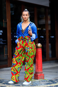 adidas, blue denim, denim shirt, fashion week, frenchystyle, full length, FW, graphic pants, jonathan paciullo, leather bag, leather shoes, LFW, LONDON, multicolor pants, printed pants, red pants, SPRING SUMMER 2018, SS 18, stan smith, street style, trousers, vertical, white sneakers