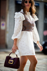 bally bag, white dress, lace dress, round shape sunglasses, ruffle dress, long sleeves dress, high collar dress, layered top, checked top, burgundy leather bag, burgundy top, beige top, cropped top, quilted bag, hand bag, metalic frame sunglasses, rayban sunglasses, mini dress, low boots, white leather boots, wooden heels shoes, wooden heels boots, polish boots, high heels boots, sarah lou falk, street style, jonathan paciullo, FW, frenchystyle, fashion week, MFW, MILAN, SPRING SUMMER 2021, SS 21, vertical, detail