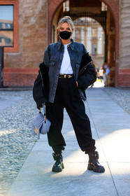 denim, denim shirt, black shirt, black coat, black pants, black leather boots, flat boots, big sole boots, lace boots, prada boots, black leather belt, belted pants, white t-shirt, fur coat, fendi bag, knitwear, knit bag, light blue bag, fashion week, frenchystyle, FW, jonathan paciullo, street style, MFW, MILAN, SPRING SUMMER 2021, SS 21, vertical, full length