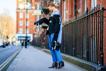 atmosphere details, AUTUMN WINTER 2017-2018, AW 17-18, balenciaga, black boots, black shirt, black shoes, blue denim, blue shirt, denim pants, FALL WINTER 2017-2018, fashion week, frenchystyle, full length, FW, FW 17-18, geometric, graphic shirt, high heels, horizontal, irina lakicevic, jeans, jonathan paciullo, leather shoes, LFW, LONDON, off the shoulder, open back, printed shirt, street style, striped shirt, trousers, vêtements