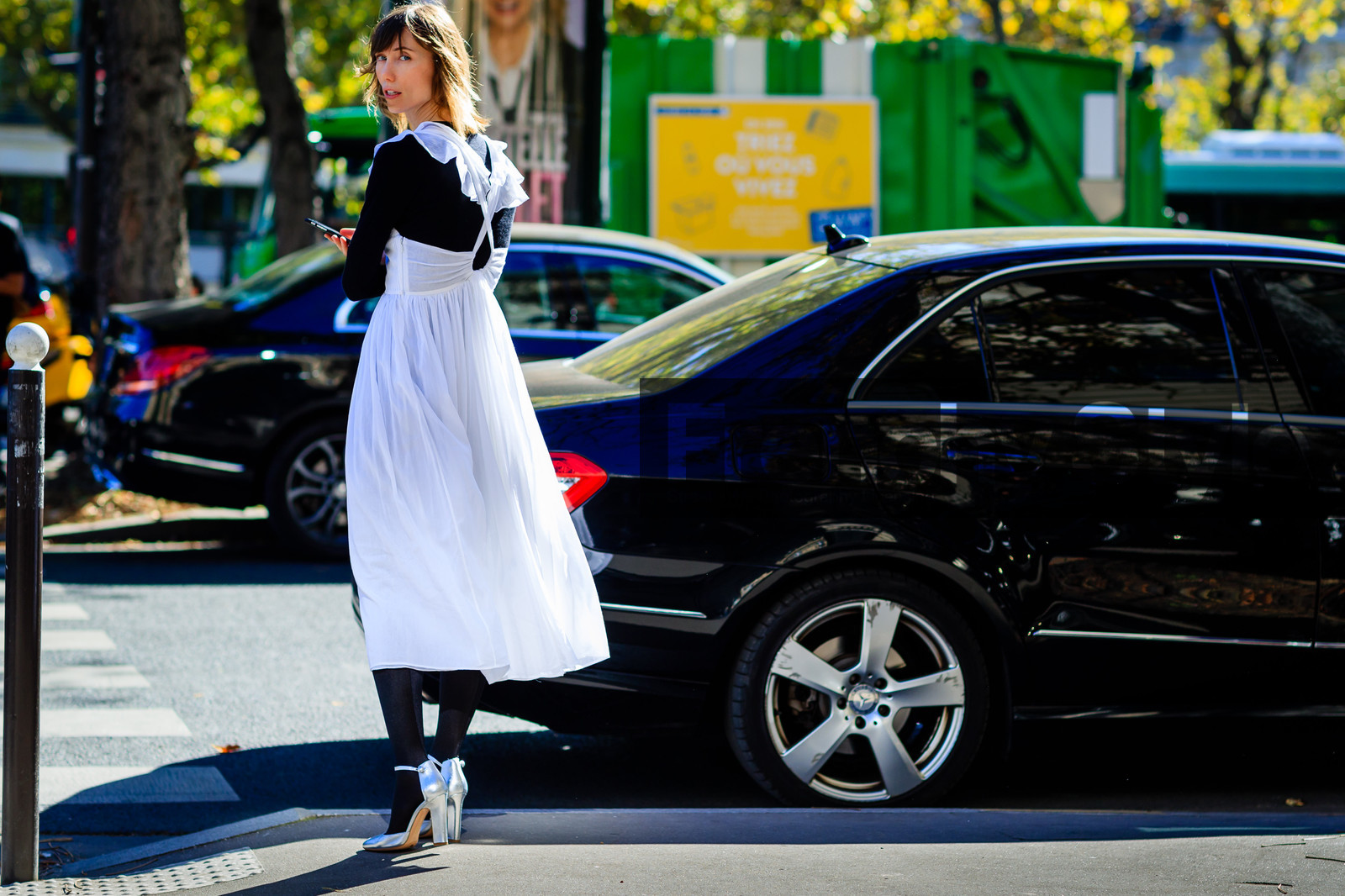 anya ziourova, atmosphere details, black and white, black sweater, fashion week, frenchystyle, full length, FW, high heels, horizontal, jonathan paciullo, leather shoes, PARIS, PFW, shiny shoes, silk dress, silver shoes, SPRING SUMMER 2017, SS 17, street style, tights, white dress