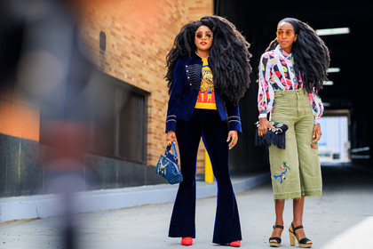 atmosphere details, black bag, blue bag, blue jacket, blue pants, Cipriana And Takenya Quann, embroidered bag, fashion week, flowers, frenchystyle, fringes, full length, FW, green pants, high heels, horizontal, jonathan paciullo, leather bag, leather shoes, NEW YORK, NYFW, printed shirt, red shoes, SPRING SUMMER 2018, SS 18, street style, sunglasses, trousers, velvet, white shirt, yellow t shirt