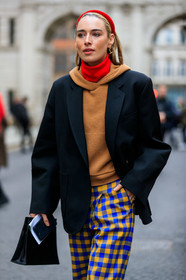 black bag, black jacket, blazer, camel sweater, checked, earrings, flora macdonald johnston, graphic pants, headband, hoodie, leather bag, plaid, printed pants, red sweater, trousers, turtleneck sweater, yellow pants, street style, jonathan paciullo, FW, frenchystyle, fashion week, LFW, LONDON, AUTUMN WINTER 2019-2020, AW 19-20, FW 19-20, FALL WINTER 2019-2020, vertical, atmosphere details, detail
