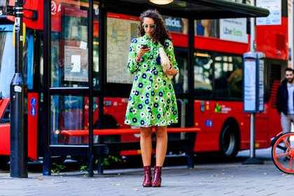 bordeaux, burgundy, floral, flowers, graphic dress, green dress, high heels, leather bag, leather shoes, printed dress, red boots, straw bag, sunglasses, fashion week, frenchystyle, FW, jonathan paciullo, street style, LFW, LONDON, SPRING SUMMER 2019, SS 19, atmosphere details, horizontal, full length