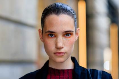 atmosphere details, AUTUMN WINTER 2016-2017, AW 16-17, black jacket, detail, eyeshadow, FALL WINTER 2016-2017, fashion week, frenchystyle, FW, FW 16-17, HAUTE COUTURE, horizontal, jonathan paciullo, MENSWEAR, model, natural, PARIS, PFW, portrait, pulled back hair, red sweater, skincare, street style, wet hair