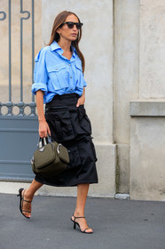 chloe loulou de saison, light blue shirt, safari shirt, safari skirt, black skirt, multi pocket skirt, prada bag, hand bag, kaki bag, butterfly sunglasses, metalic frame sunglasses, black leather sandals, high heels sandals, multi straps sandals, fashion week, frenchystyle, FW, jonathan paciullo, street style, MFW, MILAN, SPRING SUMMER 2020, SS 20