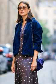 blue jacket, brown dress, chanel handbag, corduroy, graphic dress, julia haghjoo, leather bag, polka dot, printed dress, purple bag, sunglasses, fashion week, frenchystyle, FW, jonathan paciullo, street style, MFW, MILAN, SPRING SUMMER 2019, SS 19, vertical, atmosphere details, detail