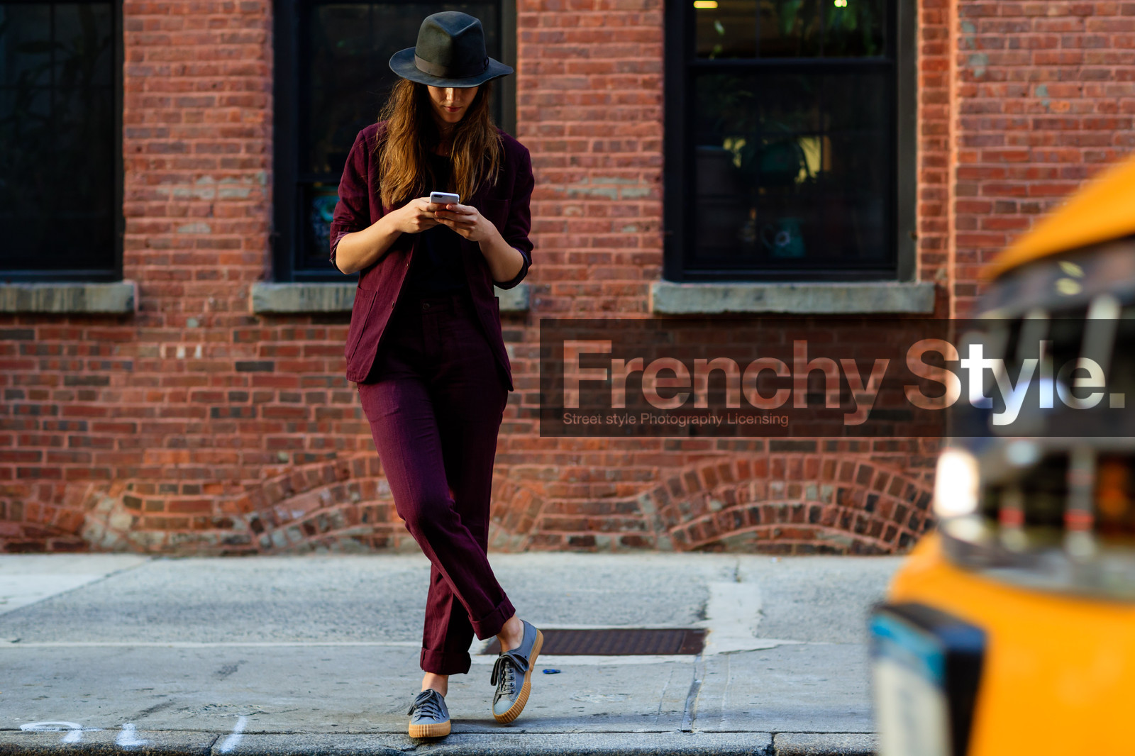 ashley owens, atmosphere details, black hat, black t shirt, blazer, bordeaux, fashion week, frenchystyle, full length, FW, grey sneakers, horizontal, iphone, jonathan paciullo, NEW YORK, NYFW, red jacket, red pants, red suit, SPRING SUMMER 2017, SS 17, street style, suede shoes, trousers, woman