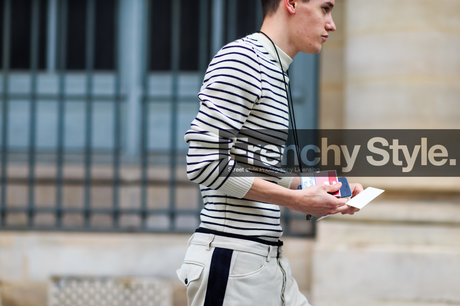 atmosphere details, detail, fashion week, frenchystyle, FW, graphic sweater, horizontal, jonathan paciullo, MENSWEAR, PARIS, PFW, SPRING SUMMER 2017, SS 17, street style, striped sweater, stripes, trousers, white pants