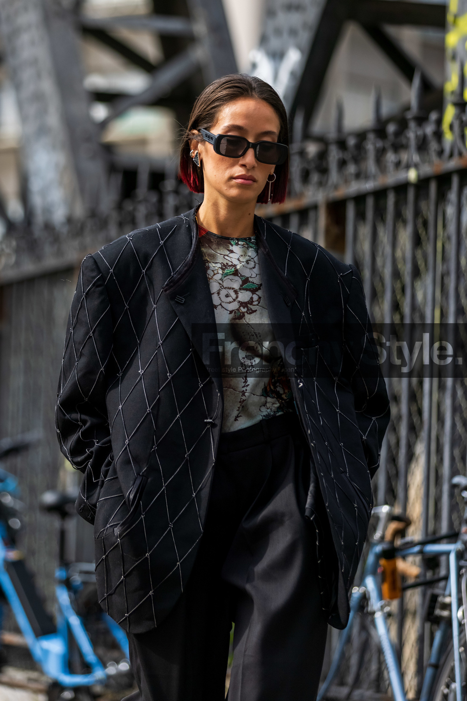 Alexandra Guerain, black jacket, black pants, black sunglasses, embroidered jacket, floral print, flower print, grey top, jacket, large pants, oversize jacket, oversize pants, pants, prada earrings, printed top, rectangle sunglasses, sunglasses, top, fashion week, frenchystyle, FW, jonathan paciullo, street style, PFW, PARIS, SPRING SUMMER 2022, SS 22, vertical, atmosphere details