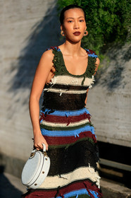 knit dress, knitwear, striped dress, sleeveless dress, long dress, animal shape bag, white leather bag, round shape bag, hand bag, kaki dress, blue dress, burgundy dress, multicolor dress, multicolor earrings, hoop earrings, fringe dress, ferragamo bag, fashion week, frenchystyle, FW, jonathan paciullo, street style, MFW, MILAN, AUTUMN WINTER 2020-2021, FALL WINTER 2020-2021, FW 20-21, vertical, atmosphere details, detail