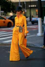 animal print, black hat, bucket hat, fanny pack, graphic bag, leather bag, orange jumpsuit, printed bag, snake print, sunglasses, trousers, yellow jumpsuit, fashion week, frenchystyle, FW, jonathan paciullo, street style, NEW YORK, NYFW, SPRING SUMMER 2020, SS 20, vertical, full length