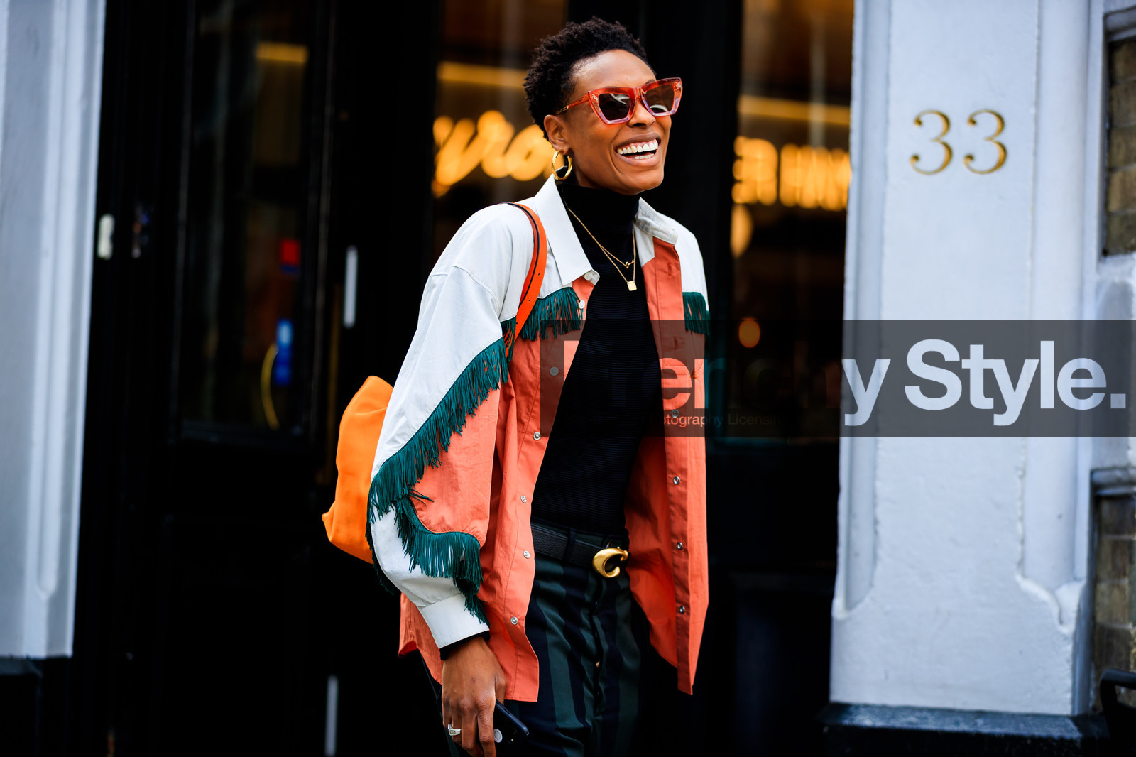 black belt, donna wallace, earrings, fringes, graphic jacket, graphic pants, green pants, leather bag, leather belt, loewe, orange bag, orange jacket, printed jacket, printed pants, striped pants, sunglasses, trousers, fashion week, frenchystyle, FW, jonathan paciullo, street style, LFW, LONDON, SPRING SUMMER 2019, SS 19, atmosphere details, horizontal, detail