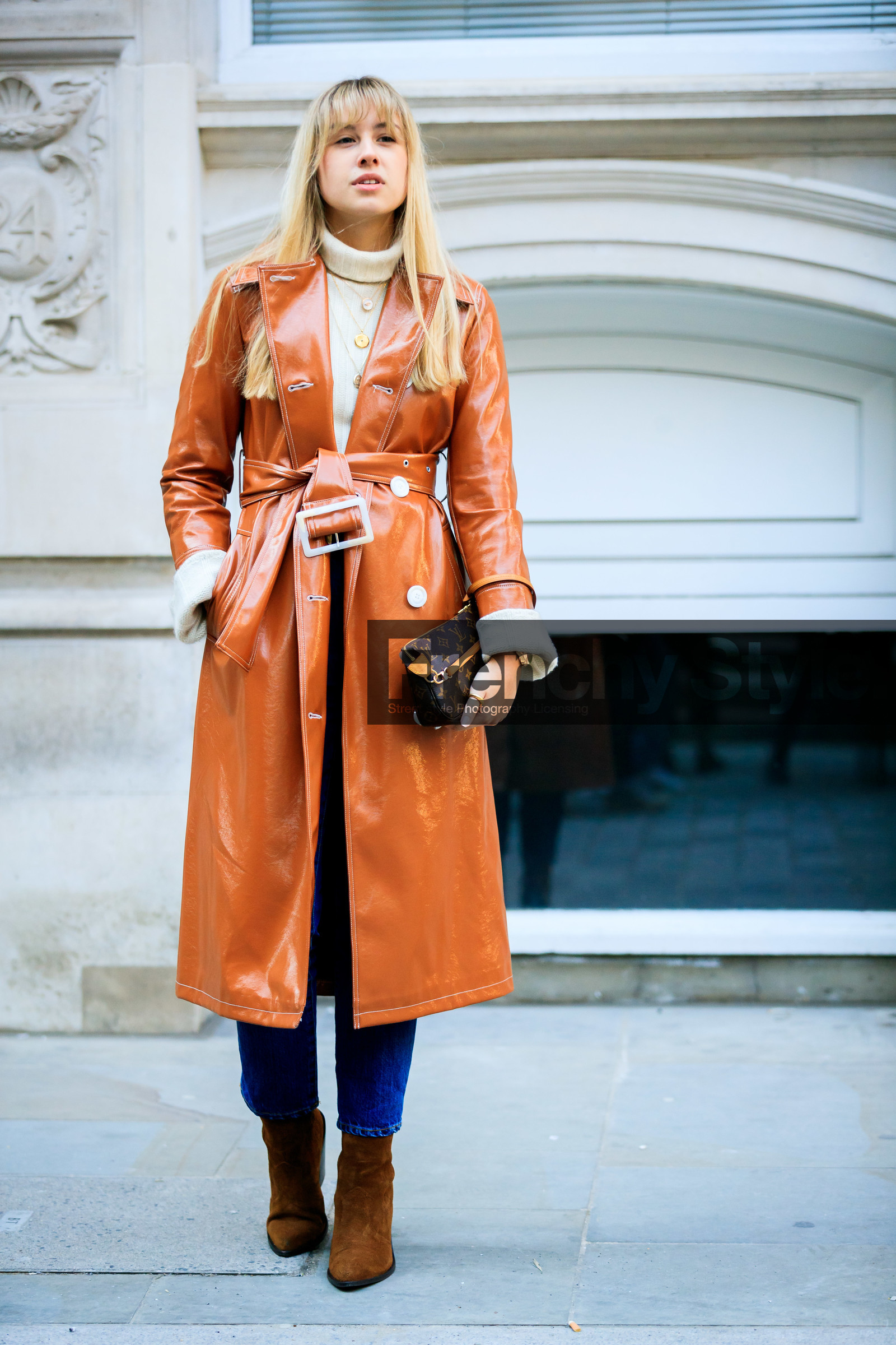 beige sweater, brown bag, brown boots, camel coat, graphic bag, leather bag, leather coat, leather shoes, louis vuitton, monogram, printed bag, trench coat, trousers, turtleneck sweater, fashion week, frenchystyle, FW, jonathan paciullo, street style, LFW, LONDON, AUTUMN WINTER 2019-2020, AW 19-20, FW 19-20, FALL WINTER 2019-2020, vertical, full length