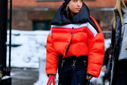 atmosphere details, AUTUMN WINTER 2017-2018, AW 17-18, black pants, detail, down jacket, FALL WINTER 2017-2018, fashion week, frenchystyle, FW, FW 17-18, horizontal, jonathan paciullo, NEW YORK, NYFW, red jacket, street style, trousers