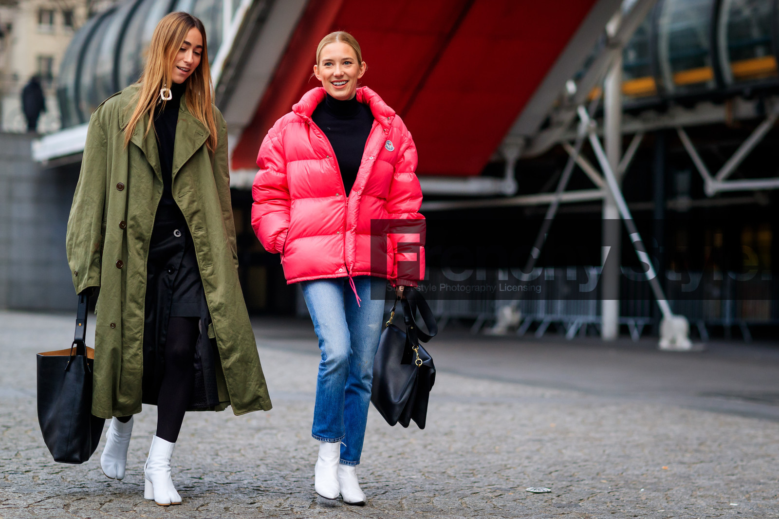 black bag, black shorts, black sweater, blue denim, denim pants, down jacket, green coat, high heels, jeans, leather bag, leather shoes, maison martin margiela, moncler, overcoat, red jacket, tights, trousers, white boots, fashion week, frenchystyle, FW, jonathan paciullo, street style, PFW, PARIS, SPRING SUMMER 2017, SS 17, HAUTE COUTURE, atmosphere details, full length, horizontal