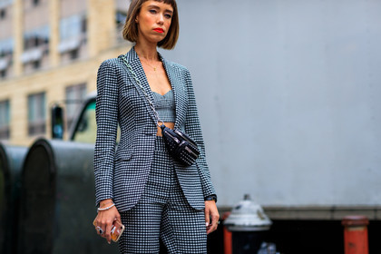black and white, black bag, blazer, checked, checked suit, fanny pack, gingham, graphic jacket, graphic pants, graphic suit, leather bag, plaid, printed jacket, printed pants, printed suit, studs, trousers, street style, jonathan paciullo, FW, frenchystyle, fashion week, NYFW, NEW YORK, SPRING SUMMER 2019, SS 19, atmosphere details, horizontal, detail