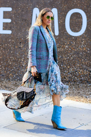 black bag, blazer, blue boots, checked, christian dior, cowboy boots, floral, flowers, graphic bag, graphic dress, graphic jacket, grey jacket, high heels, leather bag, leather shoes, monogram, plaid, printed bag, printed dress, printed jacket, saddle bag, sunglasses, tartan, fashion week, frenchystyle, FW, jonathan paciullo, street style, LFW, LONDON, SPRING SUMMER 2019, SS 19, vertical, full length