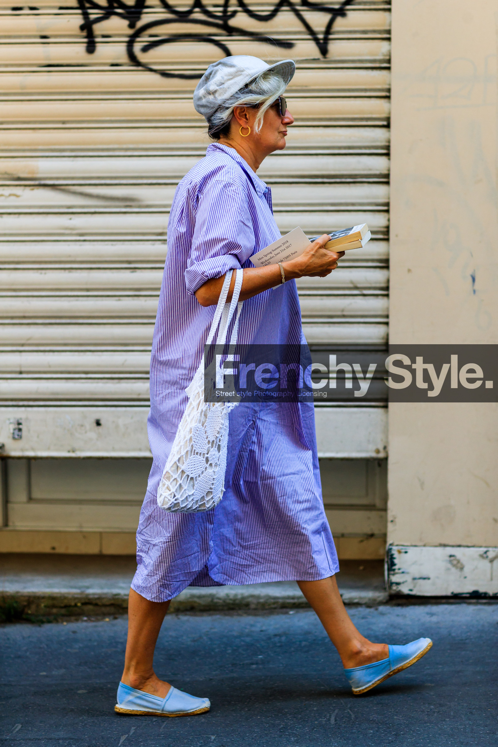 blue dress, blue shoes, espadrilles, fashion week, frenchystyle, full length, FW, graphic dress, grey cap, jonathan paciullo, leather bag, leather shoes, MENSWEAR, PARIS, PFW, shirt dress, SPRING SUMMER 2018, SS 18, street style, striped dress, sunglasses, vertical, white bag
