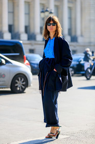 blue sweater, brown shoes, high heels, leather shoes, natasha goldenberg, navy jacket, navy pants, sunglasses, trousers, PARIS, PFW, street style, jonathan paciullo, FW, frenchystyle, fashion week, AUTUMN WINTER 2019-2020, AW 19-20, FALL WINTER 2019-2020, FW 19-20, vertical, full length