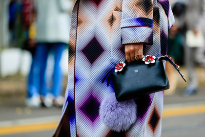 atmosphere details, black bag, detail, eleonora carisi, fashion week, fendi, frenchystyle, FW, geometric, graphic coat, horizontal, jonathan paciullo, leather bag, MFW, MILAN, mini bag, printed coat, purple coat, purple fur, SPRING SUMMER 2017, SS 17, street style