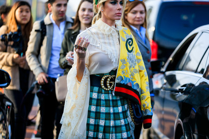 beige shirt, black belt, bomber jacket, checked, embroideries, golden details, graphic jacket, graphic skirt, green skirt, gucci, leather belt, over the shoulder, pearls, plaid, pleated skirt, printed jacket, printed skirt, studs, tartan, white blouse, yellow jacket, fashion week, frenchystyle, FW, jonathan paciullo, street style, MFW, MILAN, AUTUMN WINTER 2019-2020, AW 19-20, FALL WINTER 2019-2020, FW 19-20, atmosphere details, detail, horizontal