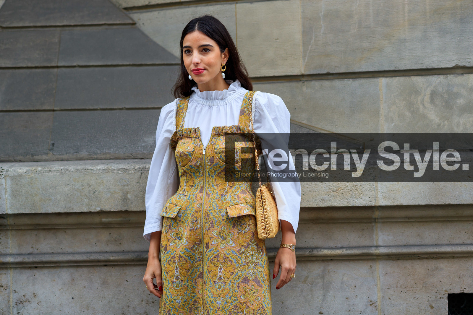 beige bag, earrings, floral, flowers, graphic dress, leather bag, printed dress, ruffles, white shirt, yellow dress, PARIS, PFW, street style, jonathan paciullo, FW, frenchystyle, fashion week, AUTUMN WINTER 2019-2020, AW 19-20, FALL WINTER 2019-2020, FW 19-20, horizontal, atmosphere details, detail