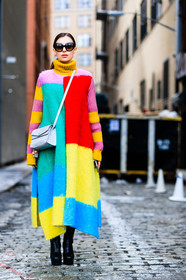 AUTUMN WINTER 2017-2018, AW 17-18, black boots, blue bag, color bloc, FALL WINTER 2017-2018, fashion week, frenchystyle, full length, FW, FW 17-18, high heels, jonathan paciullo, leather bag, leather boots, marta pozan, multicolor jacket, NEW YORK, NYFW, patchwork, printed coat, street style, sunglasses, turtleneck sweater, vertical, yellow sweater