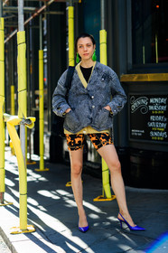 black denim, denim jacket, earrings, giorgia pendelburry, graphic shorts, leather shoes, printed shorts, purple shoes, shearling, fashion week, frenchystyle, FW, jonathan paciullo, street style, LFW, LONDON, SPRING SUMMER 2019, SS 19, vertical, full length