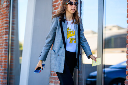 atmosphere details, black pants, blazer, checked jacket, detail, fashion week, frenchystyle, FW, graphic jacket, grey jacket, horizontal, jonathan paciullo, MFW, MILAN, plaid, printed jacket, printed t shirt, SPRING SUMMER 2018, SS 18, street style, sunglasses, trousers, white t shirt