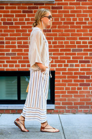 beige shirt, brown sandals, denim overall, fashion week, frenchystyle, full length, FW, jonathan paciullo, leather shoes, NEW YORK, NYFW, SPRING SUMMER 2017, SS 17, street style, striped overall, sunglasses, vertical, white overall, woman