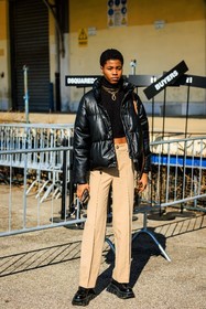 puffed jacket, black turtleneck, golden chain, beige chino pants, black boots, chunky boots, model, fashion week, frenchystyle, FW, jonathan paciullo, street style, vertical, full length