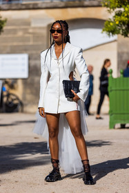 black bag, black derbies, black socks, black sunglasses, braid, cut out dress, derbies, dress, embroidery, leather bag, mini dress, Petra Henriette, printed socks, sock, sunglasses, transprent socks, white dress, street style, jonathan paciullo, FW, frenchystyle, fashion week, PFW, PARIS, SPRING SUMMER 2022, SS 22, vertical, full length