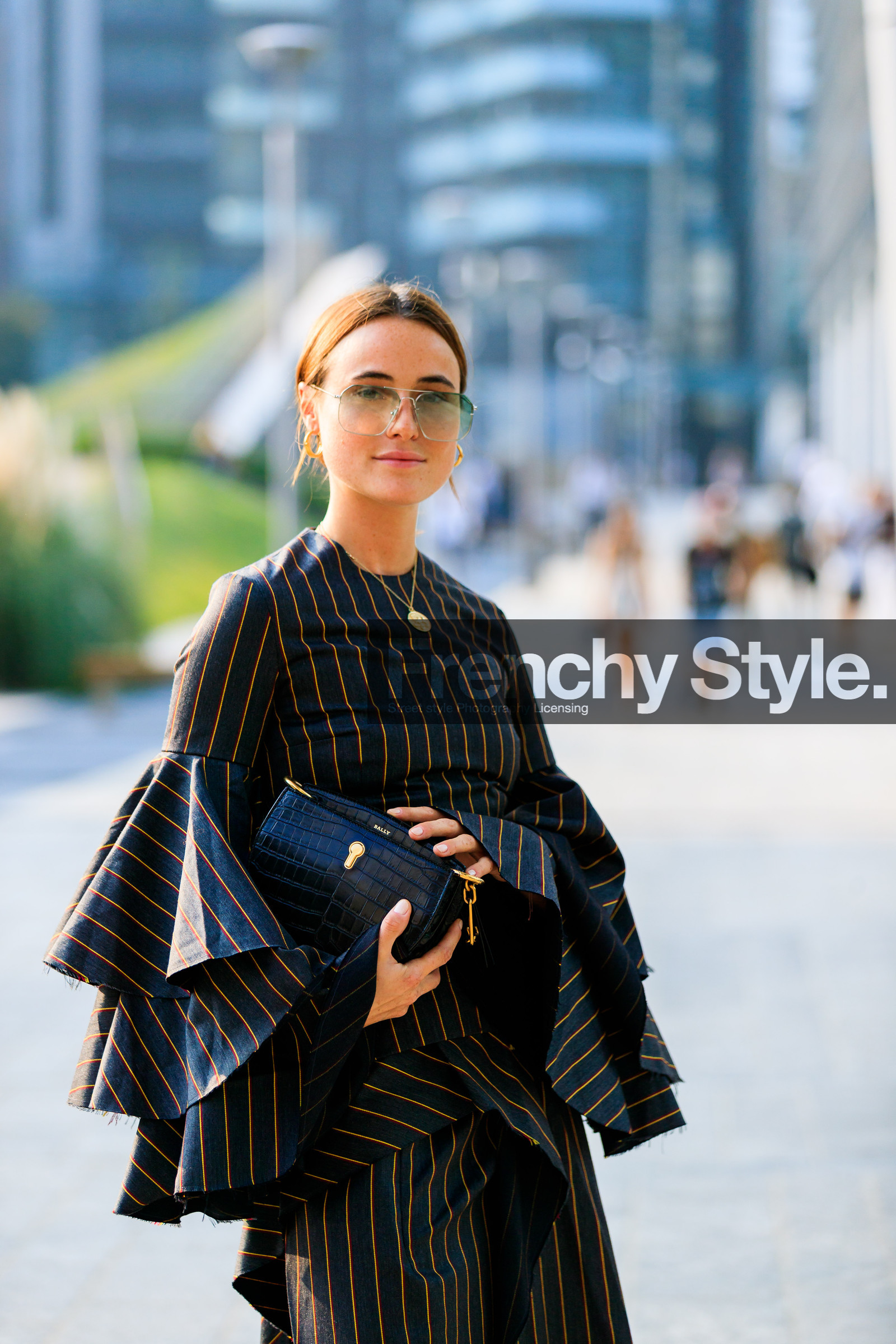 bally, black bag, black dress, graphic dress, leather bag, lena lademann, printed dress, ruffles, striped dress, sunglasses, fashion week, frenchystyle, FW, jonathan paciullo, street style, MFW, MILAN, SPRING SUMMER 2019, SS 19, vertical, atmosphere details, detail