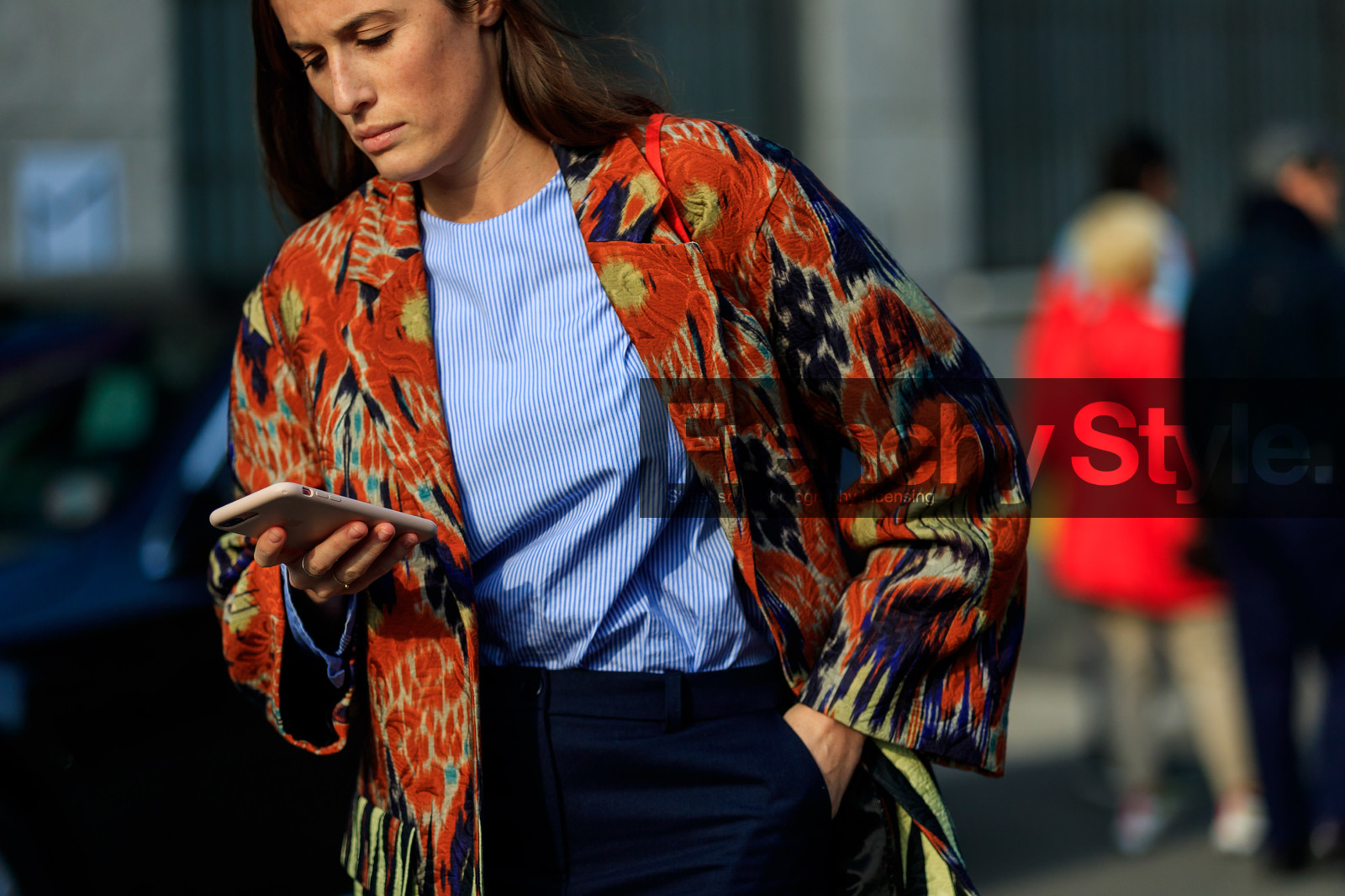 blue shirt, graphic jacket, graphic shirt, navy pants, printed jacket, printed shirt, red jacket, striped shirt, fashion week, frenchystyle, FW, jonathan paciullo, street style, MFW, MILAN, AUTUMN WINTER 2018-2019, FALL WINTER 2018-2019, FW 18-19, horizontal, atmosphere details