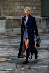 caro daur, navy blue coat, long coat, grey jacket, grey skirt, mini skirt, belted skirt, tweed jacket, tweed skirt, black leather bag, black leather boots, zipped boots, high boots, flat boots, fur collar coat, thom browne bag, thom browne boots, thom browne coat, thom browne jacket, thom browne look, thom browne skirt, fashion week, frenchystyle, FW, jonathan paciullo, street style, PFW, PARIS, SPRING SUMMER 2020, SS 20, horizontal, full length
