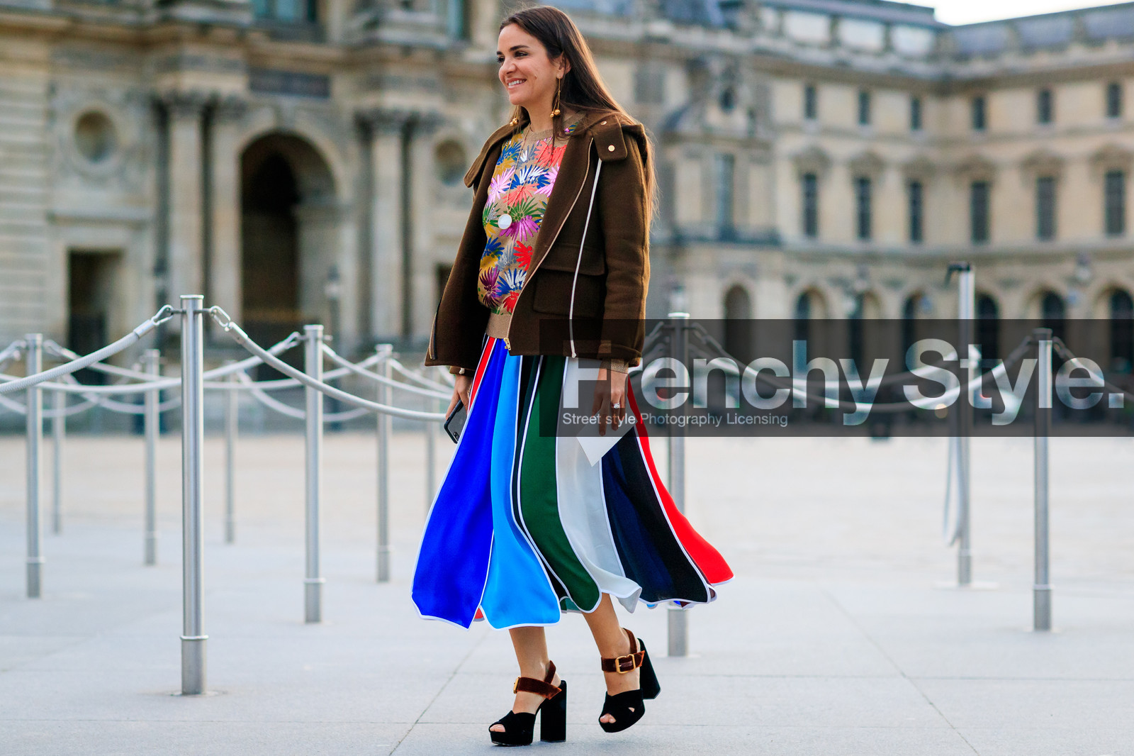 atmosphere details, AUTUMN WINTER 2017-2018, AW 17-18, black shoes, brown jacket, embroidered top, FALL WINTER 2017-2018, fashion week, floral, flower, frenchystyle, full length, FW, FW 17-18, high heels, horizontal, jonathan paciullo, laure heriard dubreuil, leather shoes, multicolor skirt, PARIS, patchwork, PFW, prada, printed skirt, printed top, see through, street style, striped skirt, velvet