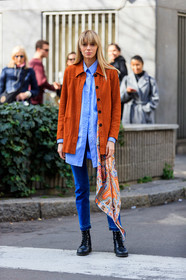 camel suede jacket, light blue shirt, striped shirt, cachemere printed scarf, blue jeans, tight jeans, multicolor scarf, etro scarf, black leather boots, flat boots, laced boots, fashion week, frenchystyle, FW, jonathan paciullo, street style, MFW, MILAN, AUTUMN WINTER 2020-2021, FALL WINTER 2020-2021, FW 20-21, vertical, full length