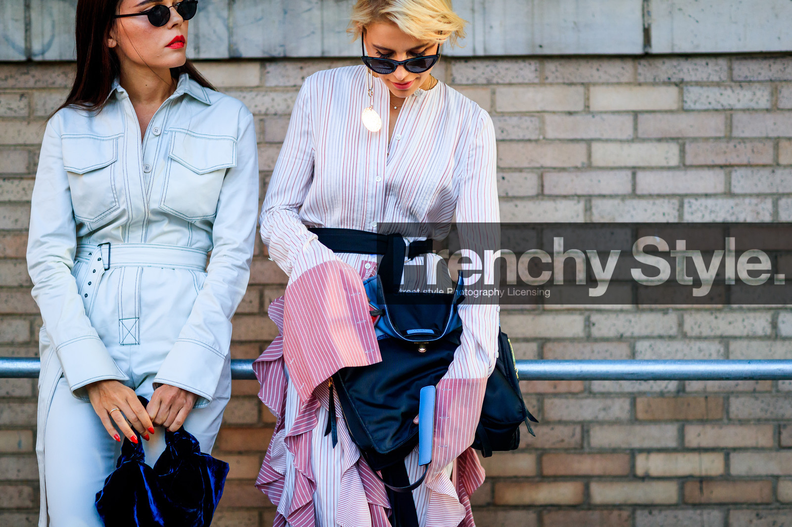 atmosphere details, black bag, black belt, caro daur, detail, earrings, evangelie smyrniotaki, fashion week, frenchystyle, FW, horizontal, jonathan paciullo, leather bag, NEW YORK, NYFW, pink dress, ruffles, SPRING SUMMER 2018, SS 18, street style, striped dress, stripes, sunglasses, trousers, velvet, white jumpsuit