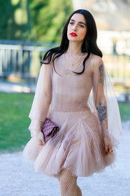christian dior, graphic bag, leather bag, monogram, pink dress, printed bag, red bag, red lips, see through, tattoos, tights, tulle, fashion week, frenchystyle, FW, jonathan paciullo, street style, PFW, PARIS, AUTUMN WINTER 2019-2020, AW 19-20, FALL WINTER 2019-2020, FW 19-20, vertical, atmosphere details, detail