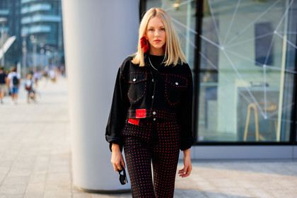 black denim, black jacket, black pants, caroline vreeland, denim jacket, denim pants, earrings, graphic jacket, graphic pants, jeans, polka dot, printed jacket, printed pants, shea marie, studs, trousers, fashion week, frenchystyle, FW, jonathan paciullo, street style, MFW, MILAN, SPRING SUMMER 2019, SS 19, atmosphere details, horizontal, detail