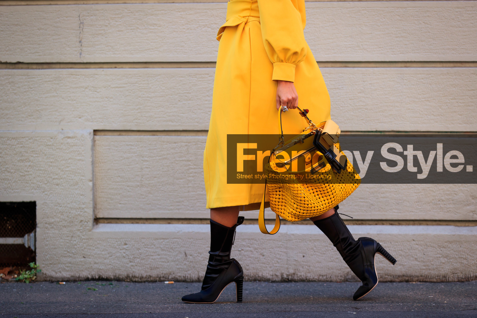 yellow dress, yellow jacket, jacket dress, long dress, belted dress, belted jacket, long sleeves dress, dress shirt, yellow bag, yellow leather bag, fendi bag, openwork bag, peekaboo bag, multi bag, hand bag, black boots, high boots, high heels boots, fendi boots, shoes detail, bag detail, fendi look, fendi dress, nina suess, fashion week, frenchystyle, FW, jonathan paciullo, street style, MFW, MILAN, SPRING SUMMER 2021, SS 21, horizontal, atmosphere details, detail