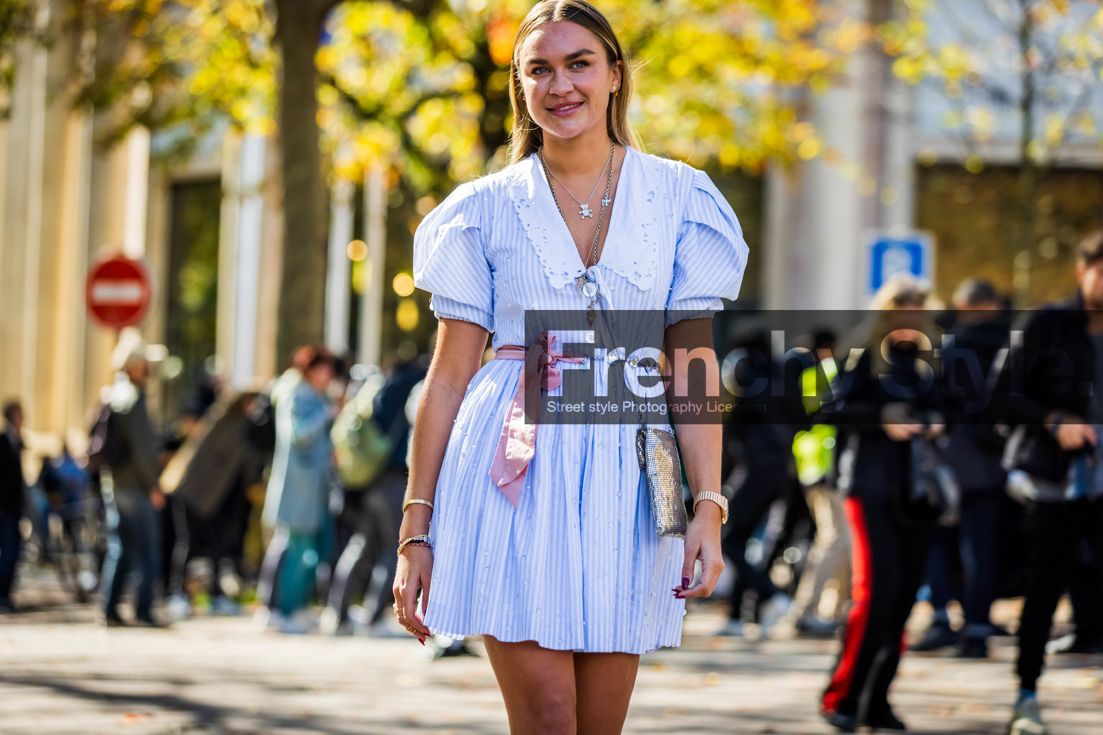bag, balloon sleeves, blue dress, dress, embroidery, Nina Suess, sandals, short dress, silver bag, strass, striped dress, stripes, fashion week, frenchystyle, FW, jonathan paciullo, street style, PFW, PARIS, SPRING SUMMER 2022, SS 22, horizontal, atmosphere details