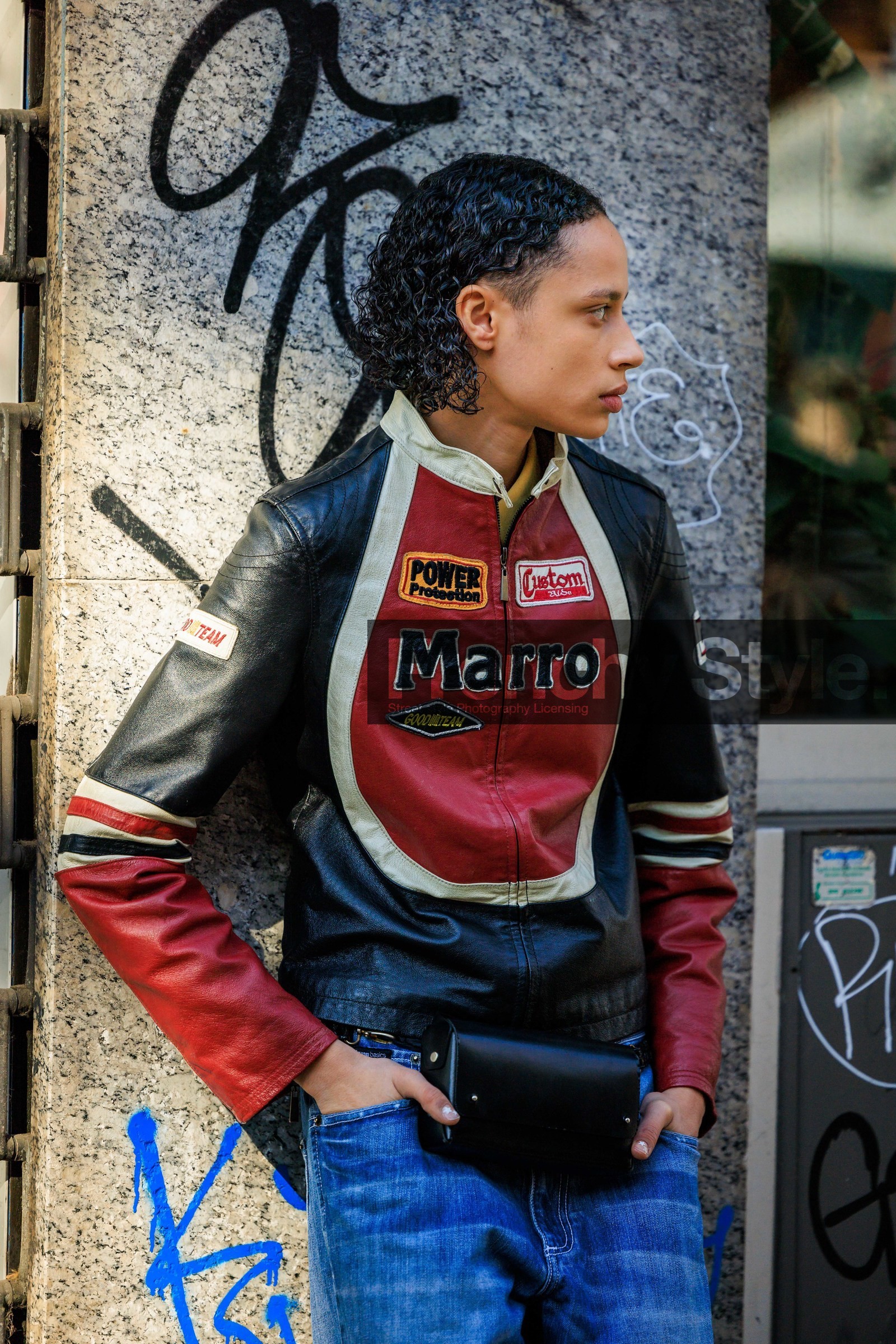 vintage jacket, leather jacket, racer jacket, red jacket, classic jeans, belt bag, model, fashion week, frenchystyle, FW, jonathan paciullo, street style, vertical, atmosphere details, detail