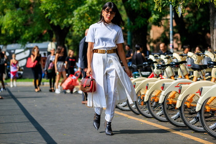 black shoes, brown bag, brown belt, fendi, graphic bag, high heels, leather bag, leather belt, leather shoes, pleats, printed bag, red bag, sunglasses, trousers, white pants, white t shirt, street style, jonathan paciullo, FW, frenchystyle, fashion week, MFW, MILAN, SPRING SUMMER 2019, SS 19, atmosphere details, horizontal, full length