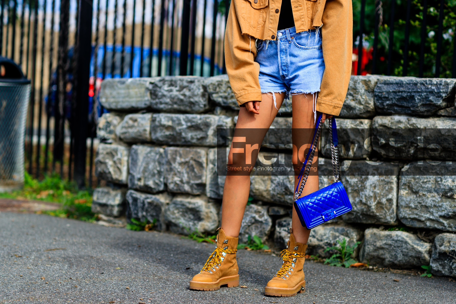 aleali may, atmosphere details, beige boots, beige jacket, black top, blue bag, blue denim, boy bag, caterpillar, chanel, denim jacket, denim shorts, detail, fashion week, frenchystyle, FW, horizontal, jonathan paciullo, leather bag, levi's, levi's strauss, NEW YORK, NYFW, SPRING SUMMER 2017, SS 17, street style, suede shoes, woman