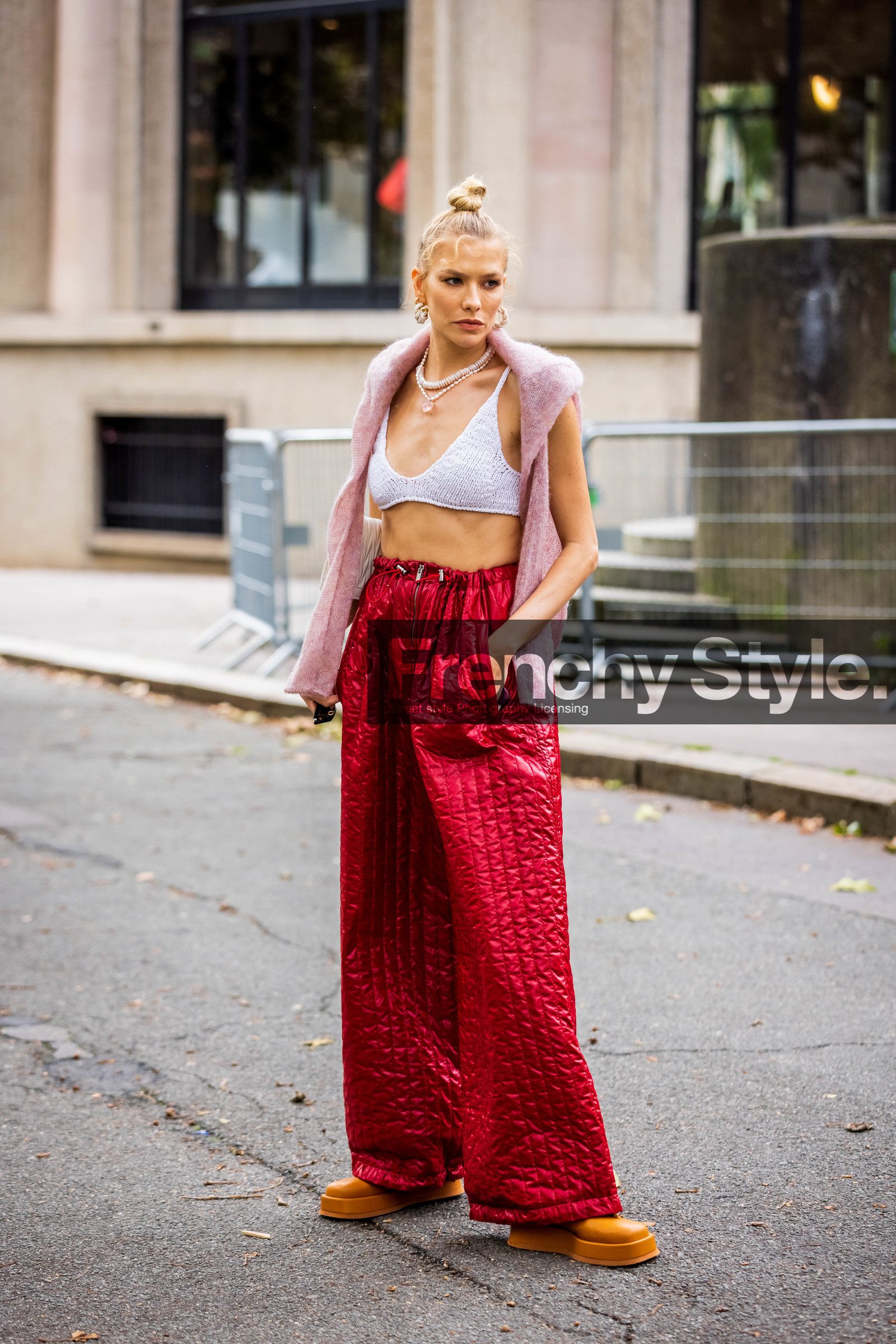 bag, bra, Elena Perminova, large pants, leather bag, miu miu bag, oversize pants, pants, quilted pants, red pants, ribbed bra, white bag, white bra, pink knitwear, necklace, earrings, bun, fashion week, frenchystyle, FW, jonathan paciullo, street style, PFW, PARIS, SPRING SUMMER 2022, SS 22, vertical, full length