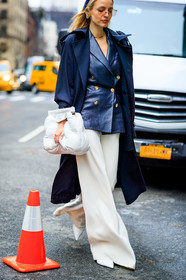 blue coat, choker, earrings, headband, leather bag, leather jacket, leather shoes, leonie hanne, maison martin margiela, navy jacket, necklace, sunglasses, trousers, white bag, white pants, frenchystyle, jonathan paciullo, street style, NYFW, NEW YORK, AUTUMN WINTER 2019-2020, AW 19-20, FALL WINTER 2019-2020, FW 19-20, fashion week, FW, vertical, atmosphere details, detail