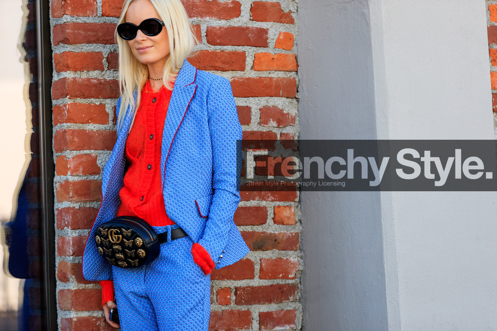 atmosphere details, black bag, blazer, blue jacket, blue pants, blue suit, detail, embroidered bag, fanny pack, fashion week, frenchystyle, FW, graphic bag, graphic jacket, graphic pants, graphic suit, gucci, horizontal, jonathan paciullo, leather bag, MFW, MILAN, printed bag, printed jacket, printed pants, printed suit, red sweater, SPRING SUMMER 2018, SS 18, street style, sunglasses, thora valdimars, trousers